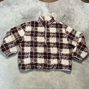 Aerie Offline Fleece Jacket Womens XXL Plaid‎ Ivory Brown Pockets Pullover